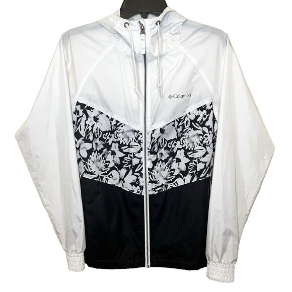 COLUMBIA Black/White Floral Windbreaker Jacket Zip Pockets Hood Lightweight XS - Picture 1 of 7